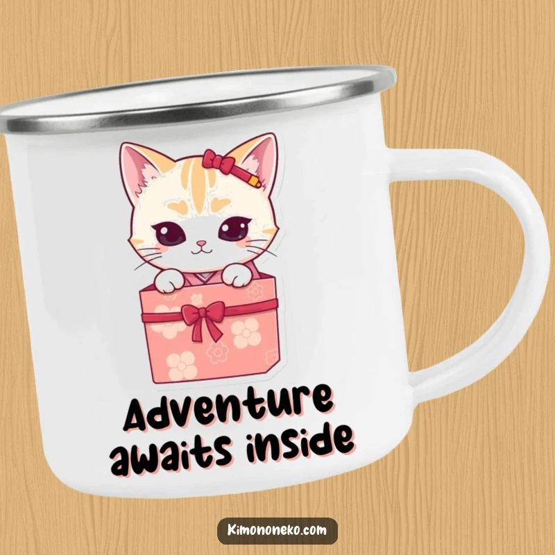 Funny kawaii cat in a kimono, peeking from a gift box, on a rugged camping mug, ready for outdoor funny moments.