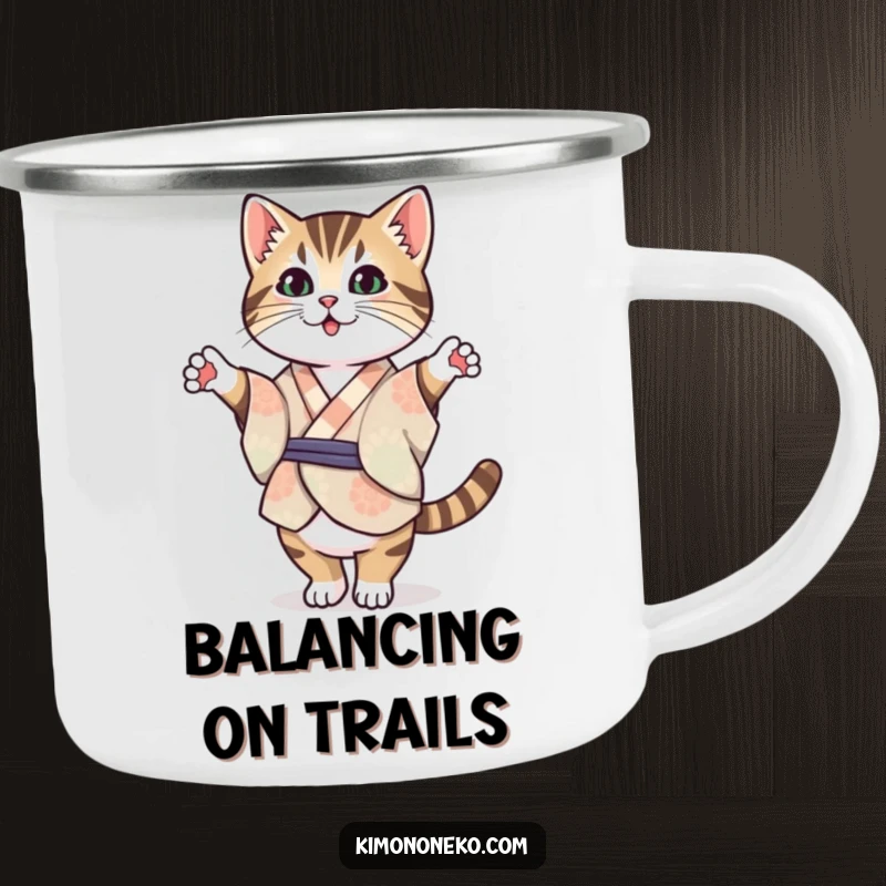 Funny Tabby Cat Kimono Camping Mug: A Kawaii tabby cat in a patterned kimono balancing on its hind legs, ready for adventures.