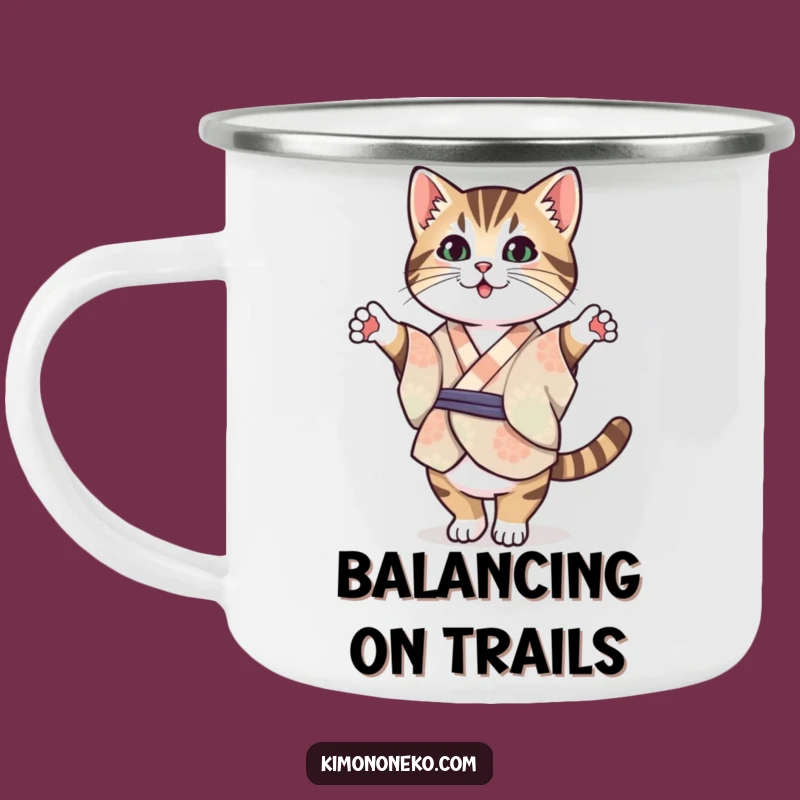 Funny Tabby Cat Kimono Camping Mug: Balancing Act - Hilarious Outdoor Gift