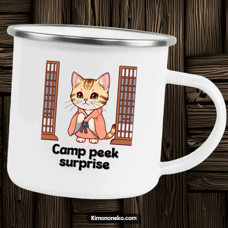 Funny Tabby Cat Camping Mug: A curious tabby cat in a festive kimono peeks from behind a screen, ready for outdoor exploration.