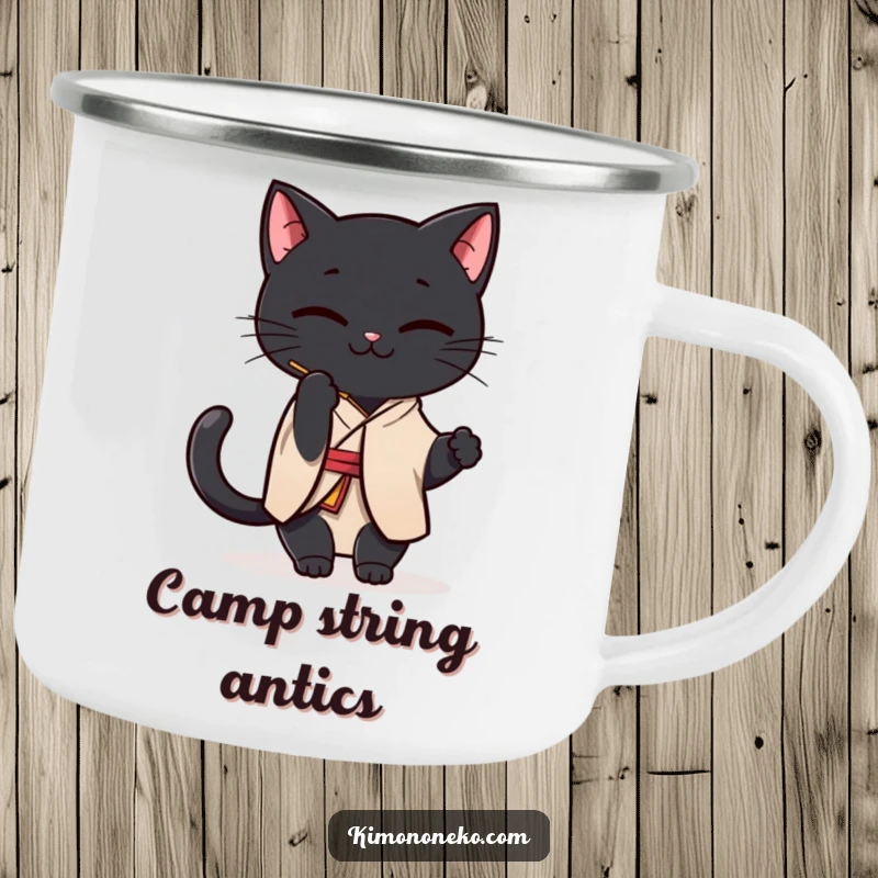 Funny Black Cat Kimono Camping Mug: A Kawaii black cat in a simple kimono playfully batting at a string, ready for adventures.