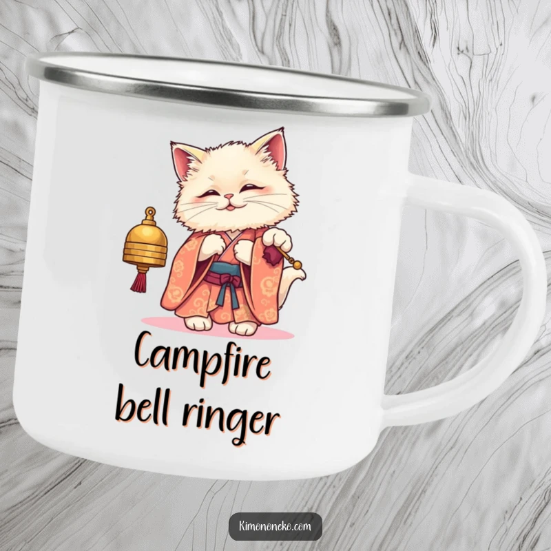 Funny camping mug showcasing a fluffy kawaii cat in a kimono, playfully batting at a bell, ideal for outdoor enthusiasts.