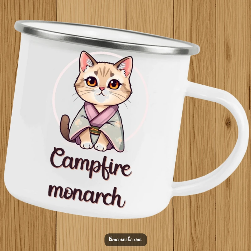 Funny camping mug showcasing a regal cat in a silk kimono sitting proudly, perfect for sophisticated and humorous adventures.