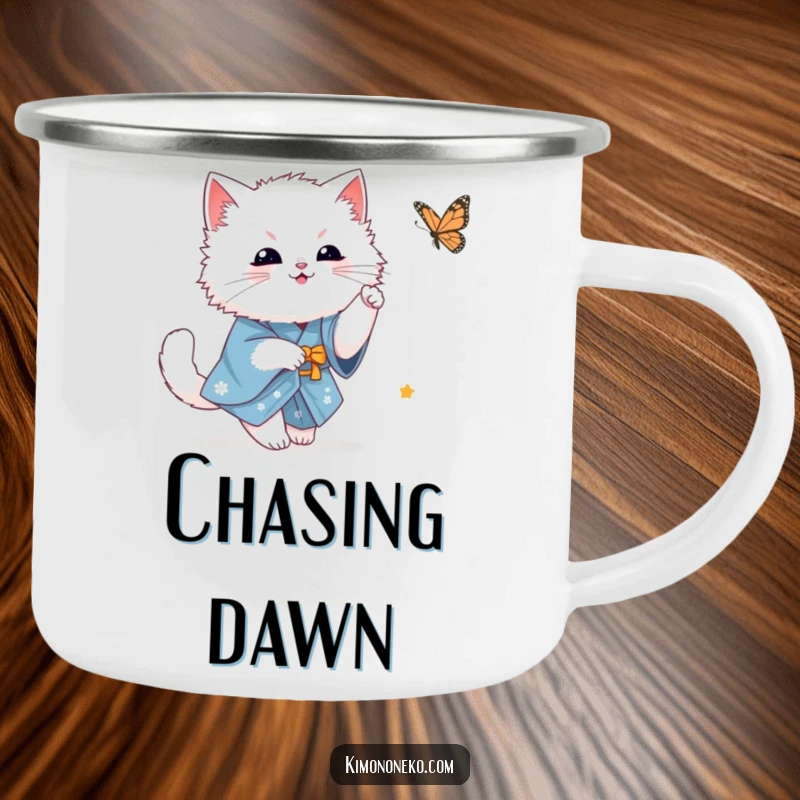 Funny fluffy white kawaii cat in a blue kimono playfully chasing a butterfly, a durable and humorous design for an enamel camping mug.
