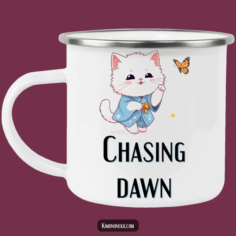 Funny White Cat Camping Mug: Kawaii Kitty in Blue Kimono Butterfly Chase - Outdoor Gift!