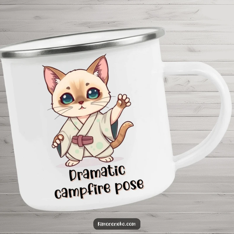 Funny kawaii Siamese cat in a silk kimono striking a dramatic pose on a camping mug, perfect for humorous anime outdoor enthusiasts.
