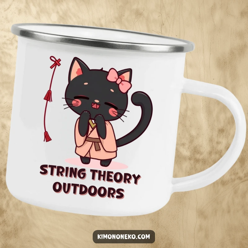 Funny Kawaii black cat in a kimono, playfully batting at a string, on a sturdy camping mug for outdoor enjoyment.