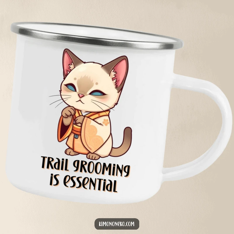 Funny Siamese kawaii cat in an ornate kimono, grooming its paw, on a rugged camping mug, for stylish outdoor humor.