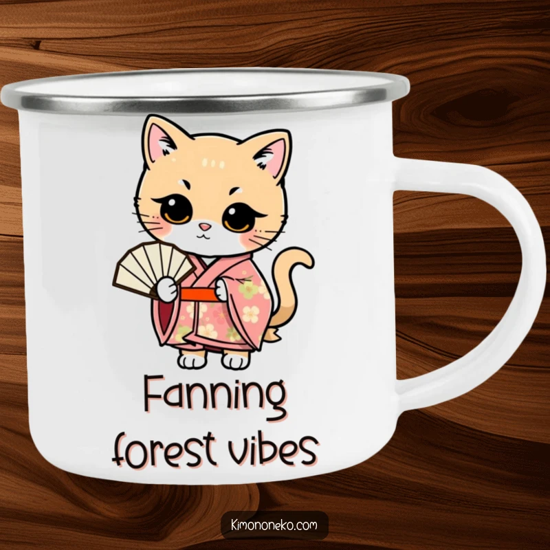 Funny Kawaii cat in a floral kimono, posing with a fan, a durable and funny enamel camping mug.