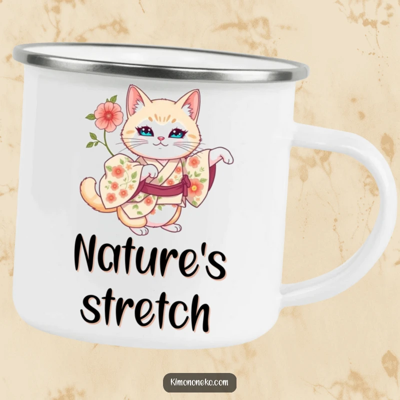 Funny camping mug showing an artistic cat in a floral kimono stretching regally.