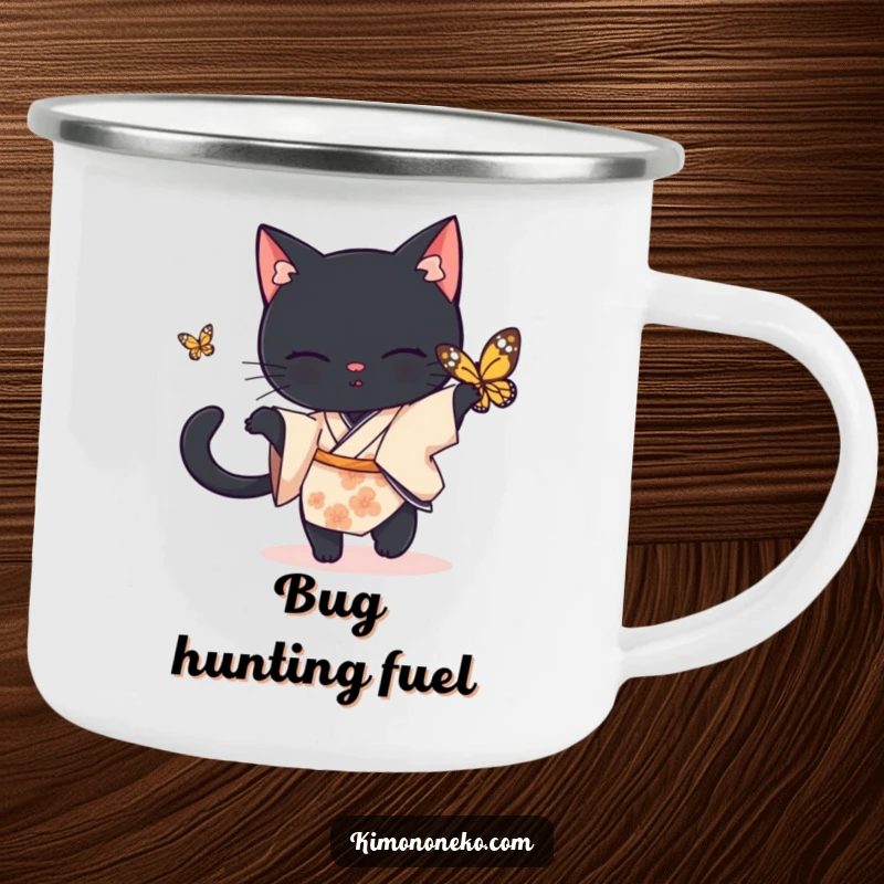 Funny black cat camping mug, a black cat in a simple kimono playfully chasing a butterfly, outdoor funny gift.