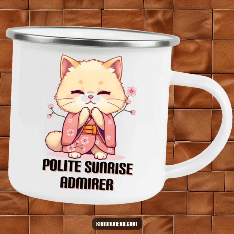 Funny bowing cat kimono camping mug, showing a fluffy feline offering a bow, perfect for outdoor drinks with serene and cultured charm.