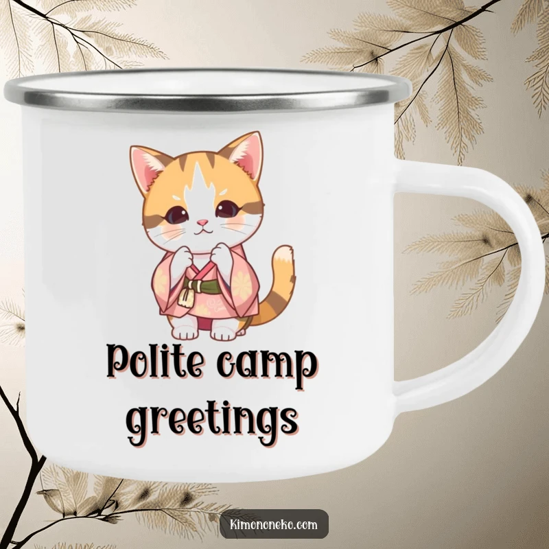 Funny Calico Cat Kimono Camping Mug: A Kawaii cat in a festive kimono bowing, ready for outdoor adventures with humor.