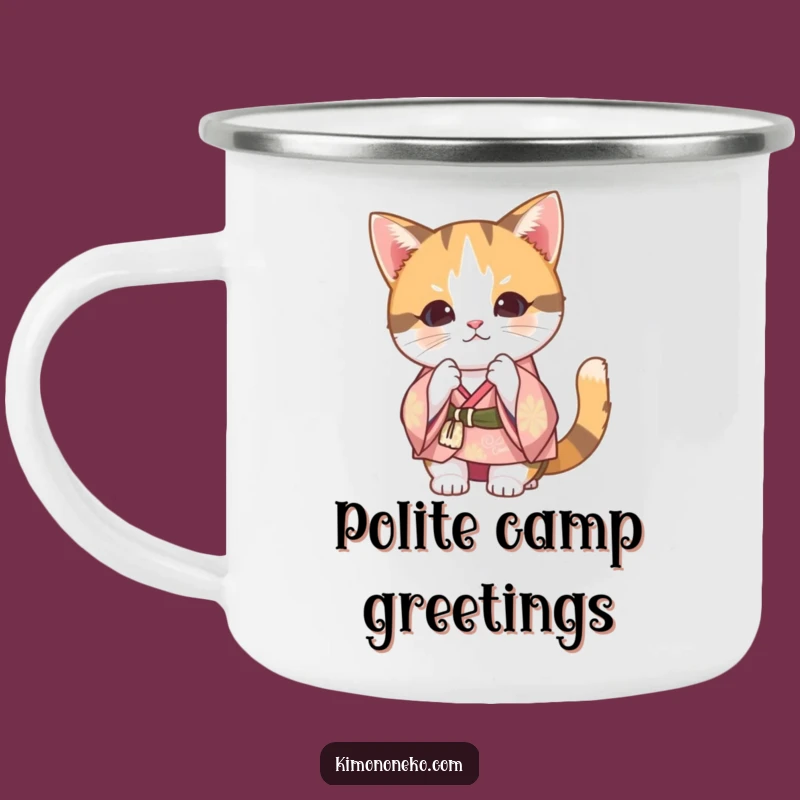 Funny Calico Cat Kimono Camping Mug: Kawaii Cat Bowing Outdoors - Hilarious Gift