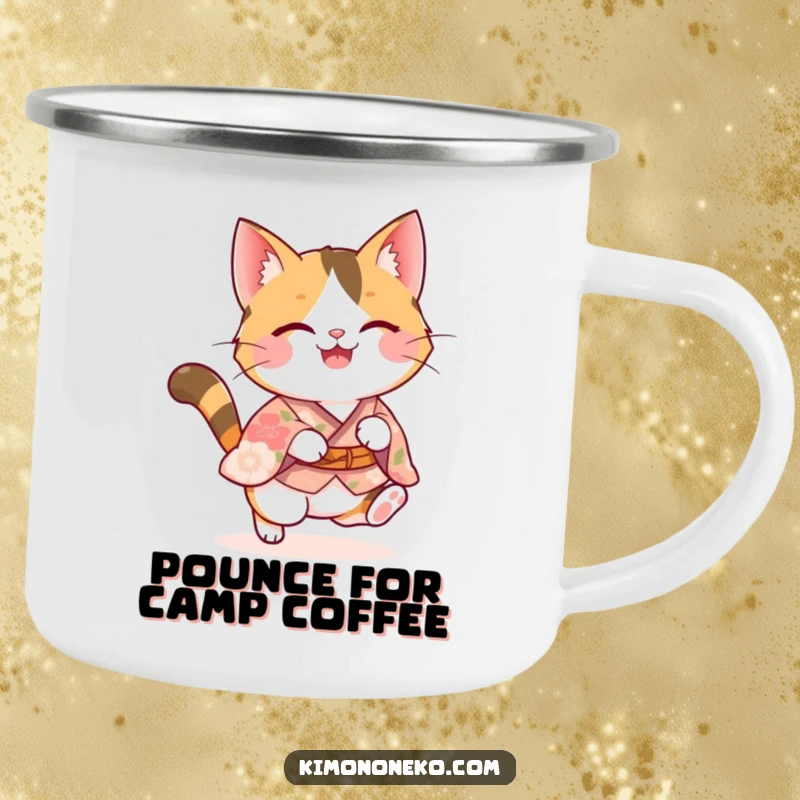 Funny calico kawaii cat in a floral kimono doing a joyful pounce, designed for durability and humor on an enamel camping mug.