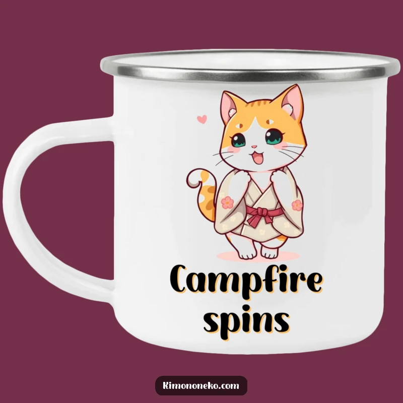 Enjoy your outdoor adventures with this funny camping mug, showing a calico cat in a kimono doing a happy spin. Durable and delightfully cheerful.