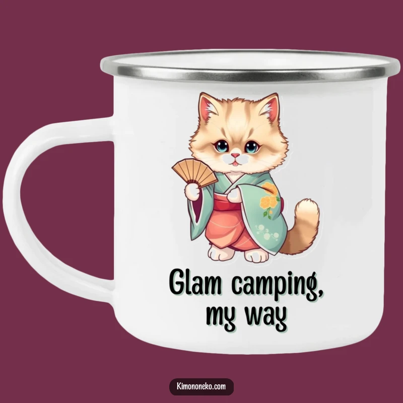 Enjoy your adventures with this funny mug! A cat in a vibrant kimono adds a touch of sophisticated flair to the outdoors.