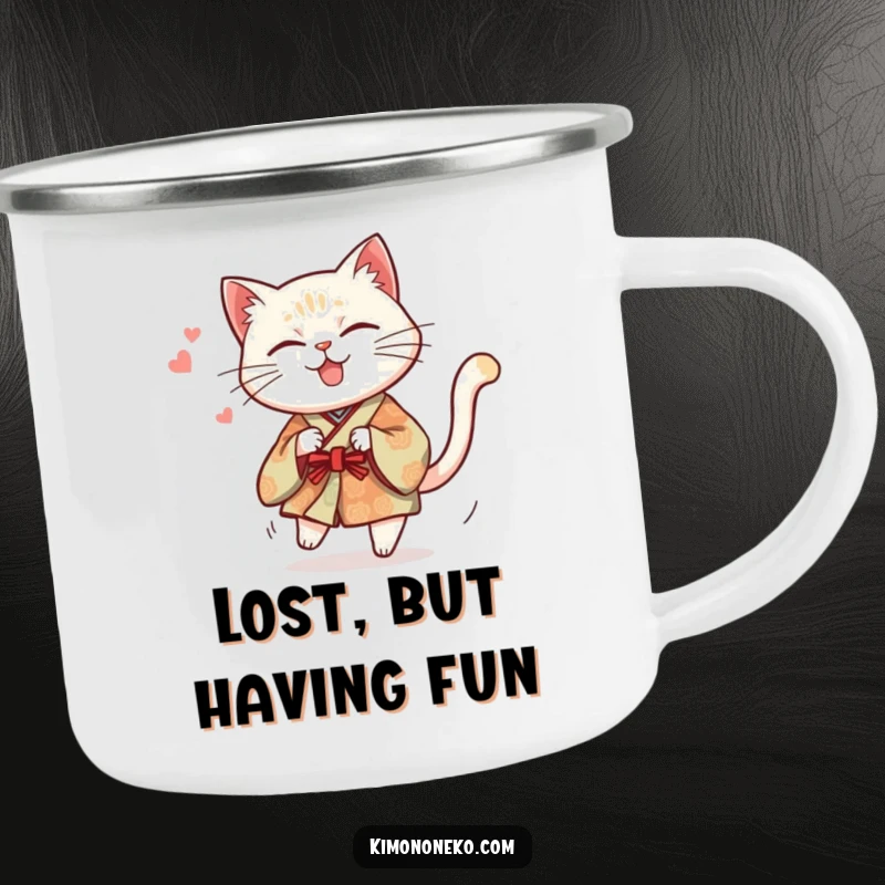 Funny camping mug showing a mischievous cat in a traditional kimono hilariously chasing its tail, perfect for adventurous fun.