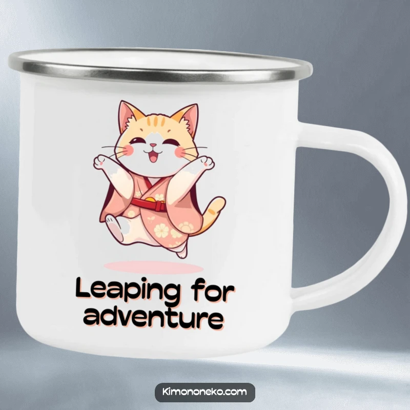 Funny camping mug showcasing a playful cat in a festive kimono mid-jump, perfect for energetic and humorous adventures.