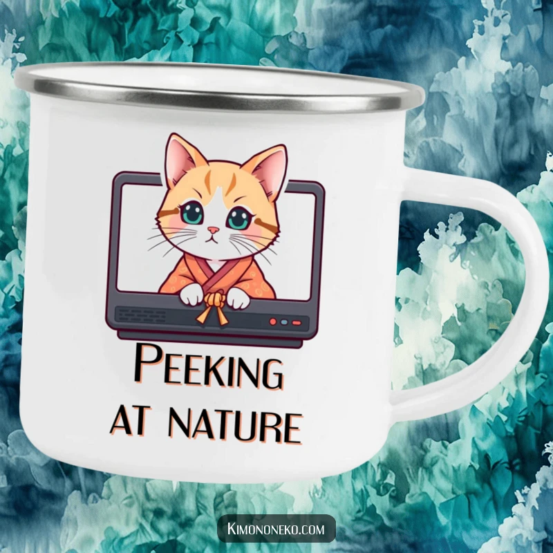 Funny curious cat in a bright kimono peeking from behind screens, on a durable camping mug.