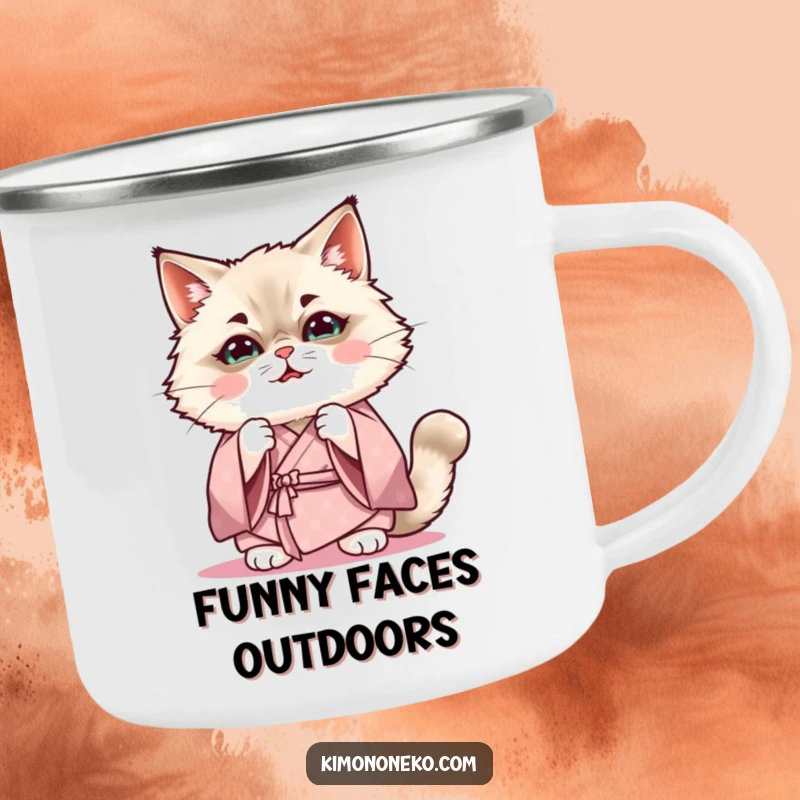 Funny Kawaii Ragdoll cat in soft kimono practicing funny expression, cute anime camping mug, gift.