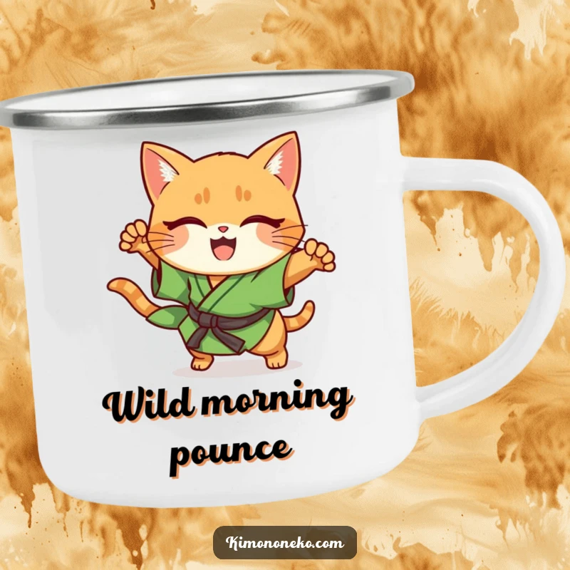 Funny ginger cat in green kimono, performing a sudden pounce, kawaii camping mug.