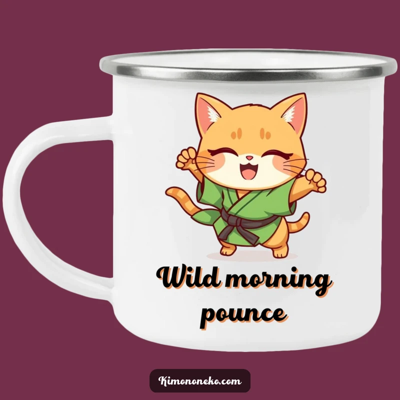Funny Ginger Cat Kimono Camping Mug: Rugged Kawaii Cat Pouncing Outdoor Fun