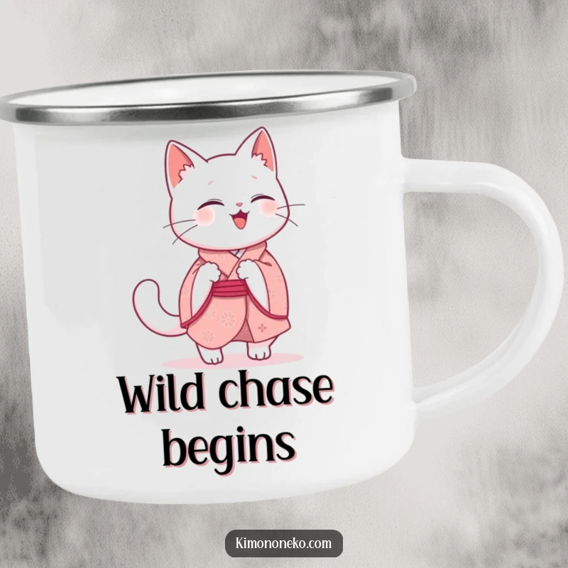 Funny Kawaii Cat Camping Mug: A giggling white cat in a pink kimono enjoys the outdoors while playfully chasing its tail, a humorous scene.