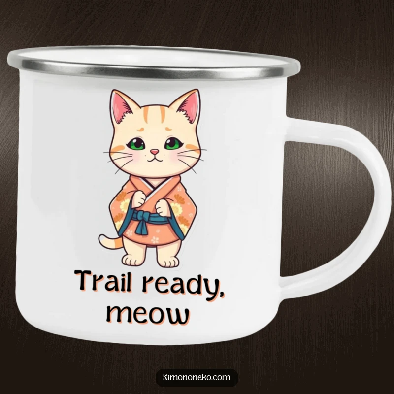 Funny Kawaii cat in a stylized kimono, striking a confident stance, durable and stylish for any outdoor setting.