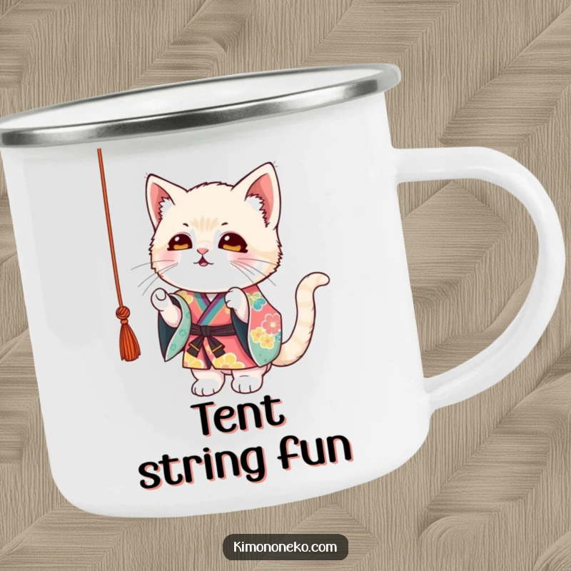 Funny Kitten Kimono Camping Mug: A mischievous kitten in a colorful kimono playfully batting at a dangling string, great for campers.