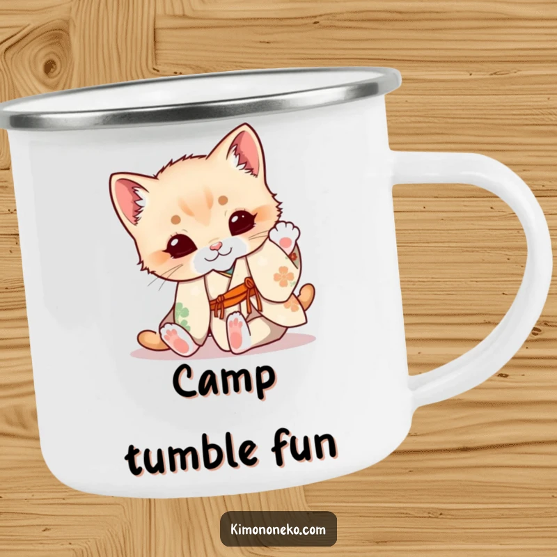 Funny Kitten Camping Mug: A cute kitten in a floral kimono playfully tumbles, perfect for enjoying drinks outdoors.