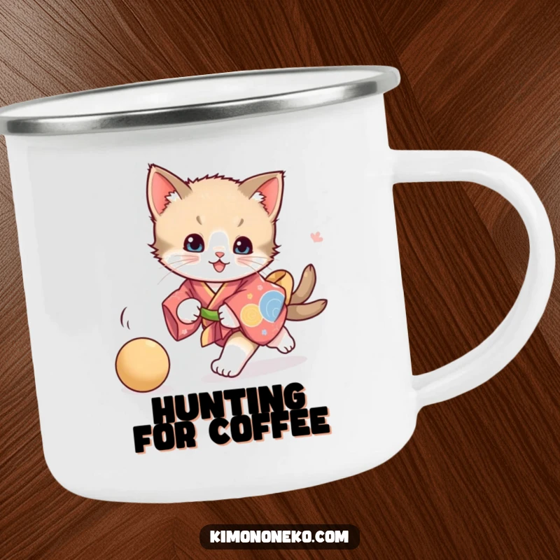 Funny playful kitten kimono camping mug, showing a kitten chasing a ball, perfect for outdoor drinks with vibrant feline fun.