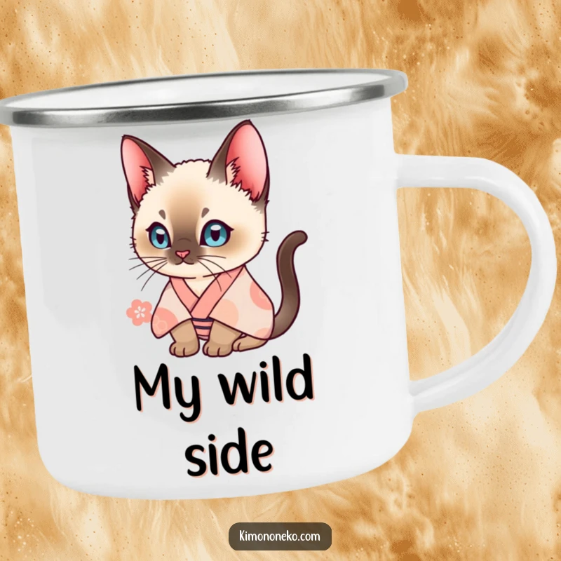 Funny Siamese cat in a patterned kimono, looking curious. Sturdy camping mug for outdoor humor.