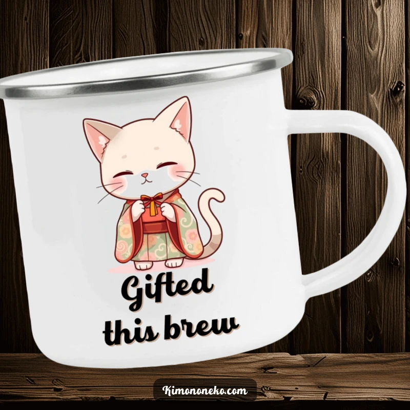 Funny sleek cat in an elegant kimono offering a small gift, on a durable camping mug.