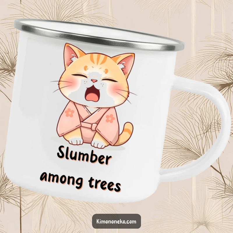 Funny camping mug illustration of a sleepy cat in a soft kimono, adorably yawning with eyes half-closed, ready for peaceful outdoor moments.