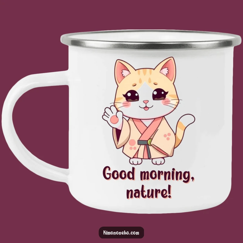 Funny Smiling Cat Kimono Camping Mug: Friendly Hello Outdoors, Humorous Gift