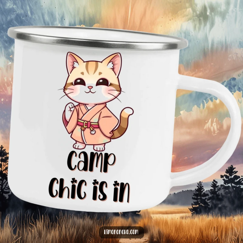 Funny camping mug illustration of a stylish cat in a modern kimono, striking a confident pose with a smile, ready for campfire chats and chuckles.