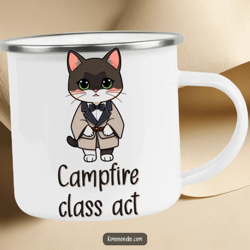 Funny Tuxedo Cat Camping Mug featuring a sophisticated cat in a formal kimono, ready for any adventure with a touch of elegance.