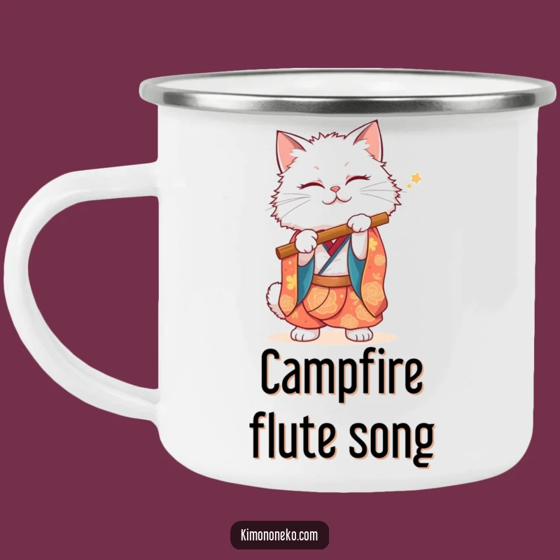 Funny White Cat Kimono Camping Mug: Melodious Campfire Companion, Outdoors Gift