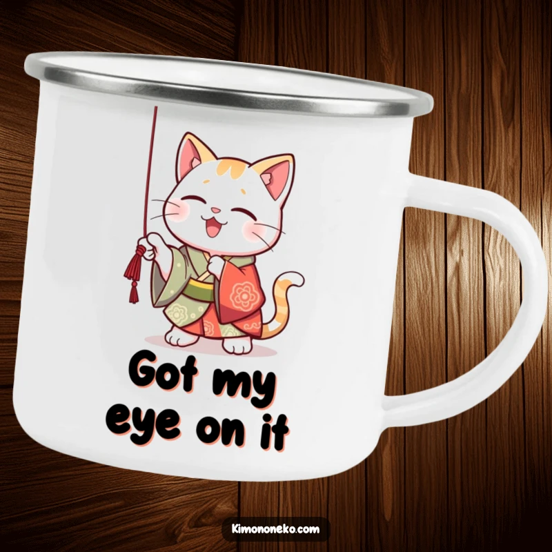 Funny Kawaii cat in a vibrant kimono, playfully batting at a dangling string, durable and humorous for outdoor use.