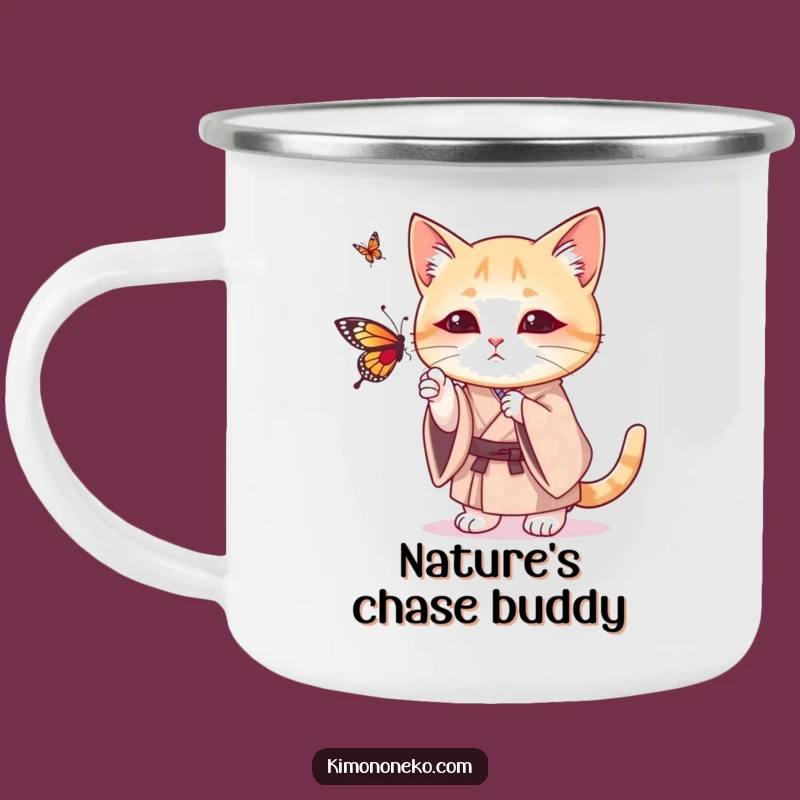 Funny Cat Kimono Camping Mug: Playful Kitty Batting Butterfly - Adventure Ready