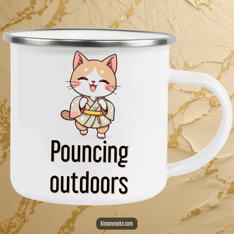 Funny Kawaii cat in a kimono, mid-pounce, a durable and funny enamel camping mug.