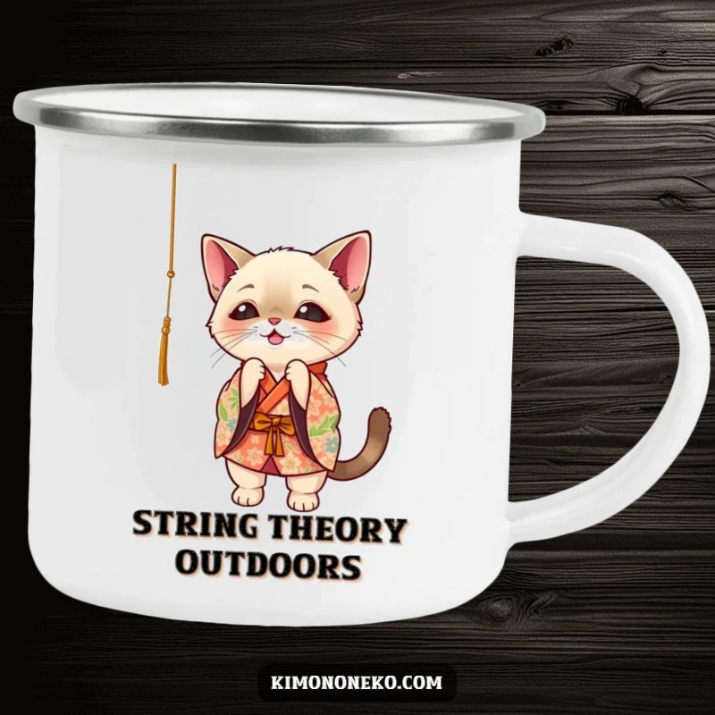 Funny Siamese cat in floral kimono, playfully batting at a dangling string, kawaii camping mug.