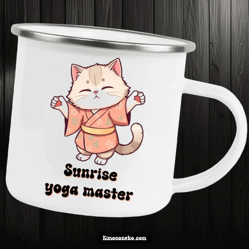 Funny camping mug showcasing a fluffy cat in a floral kimono stretching gracefully, perfect for peaceful and humorous outdoor experiences.