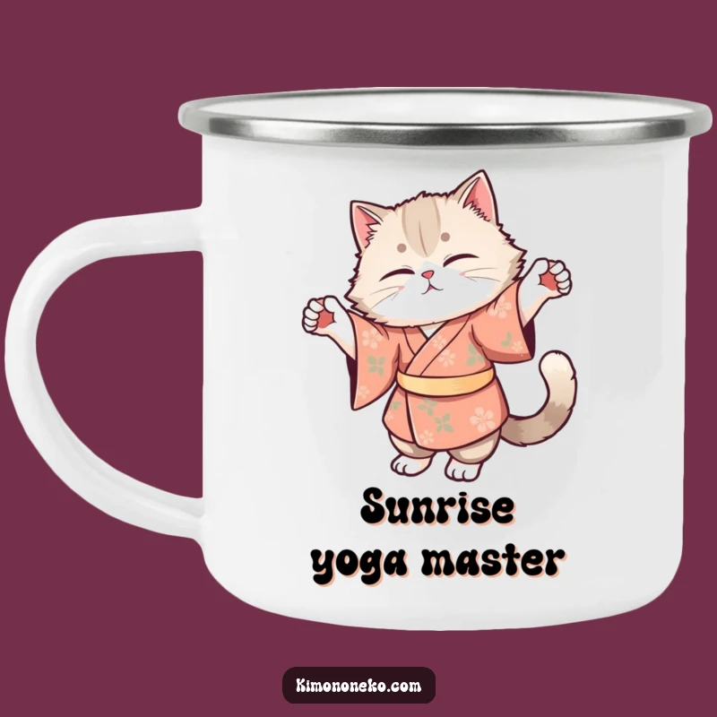 Funny Cat Kimono Camping Mug: Fluffy Kitty Floral Stretch - Peaceful Adventures