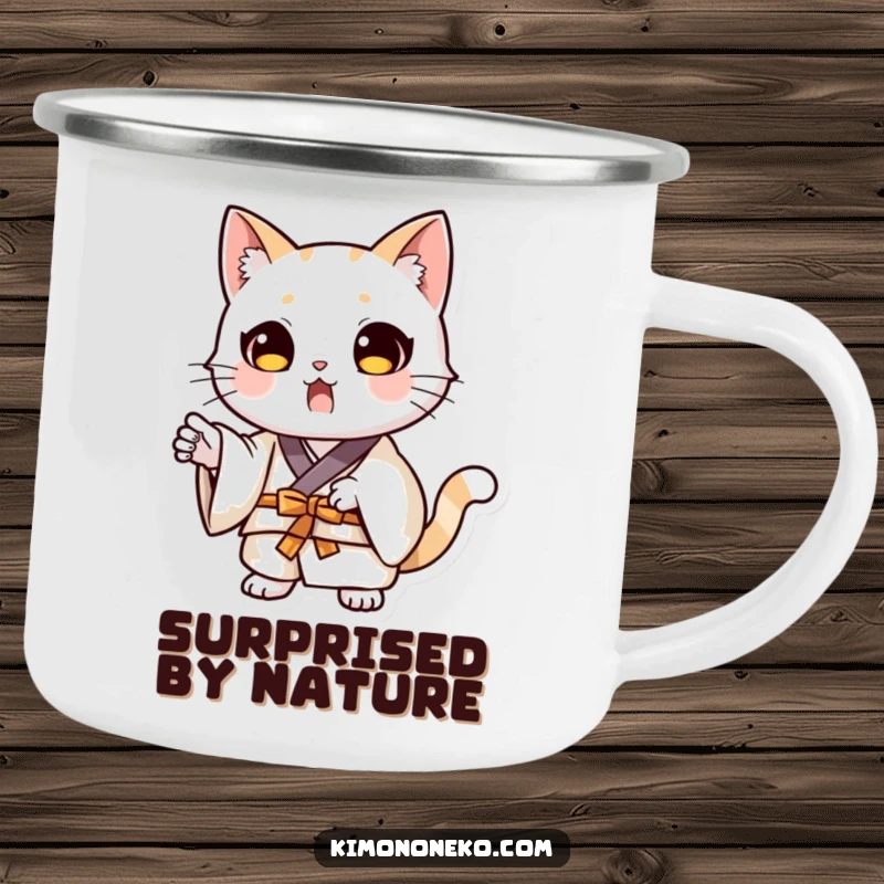Funny kawaii cat in a kimono, striking a dramatic surprised pose, printed on a durable camping mug.