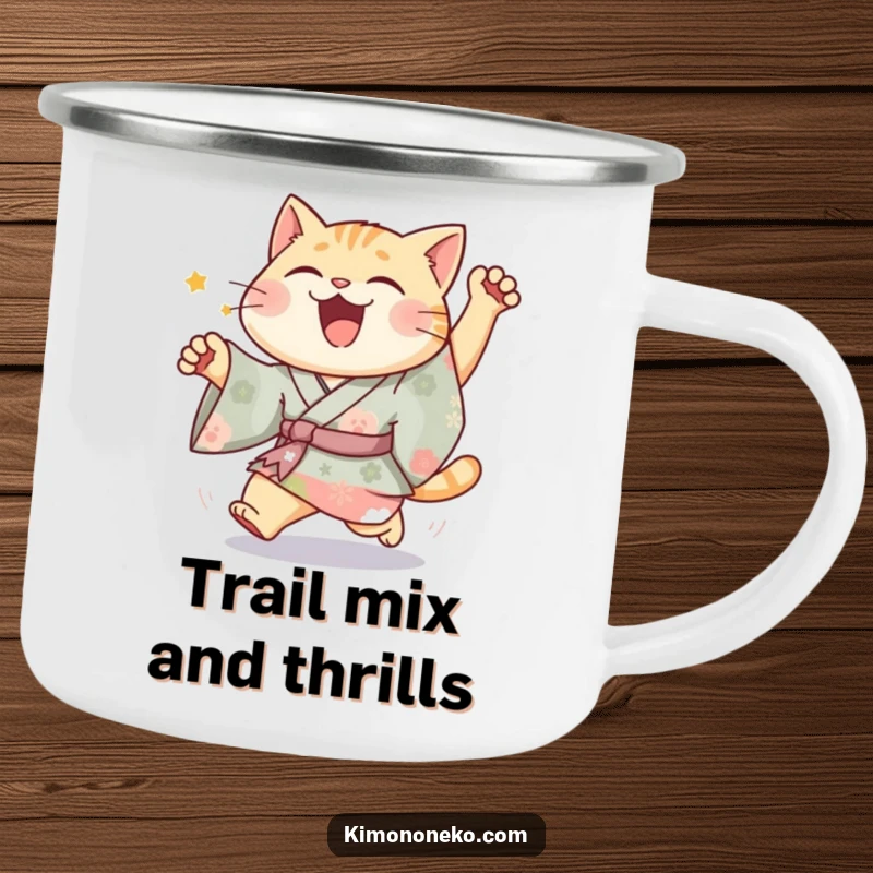 Funny Joyful Cat Kimono Camping Mug with a happy cat in vibrant kimono in a silly chase, perfect for outdoor enjoyment.