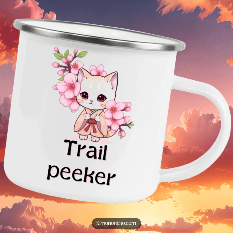 Funny camping mug showing a shy cat in a kimono, peeking from behind a cherry blossom.