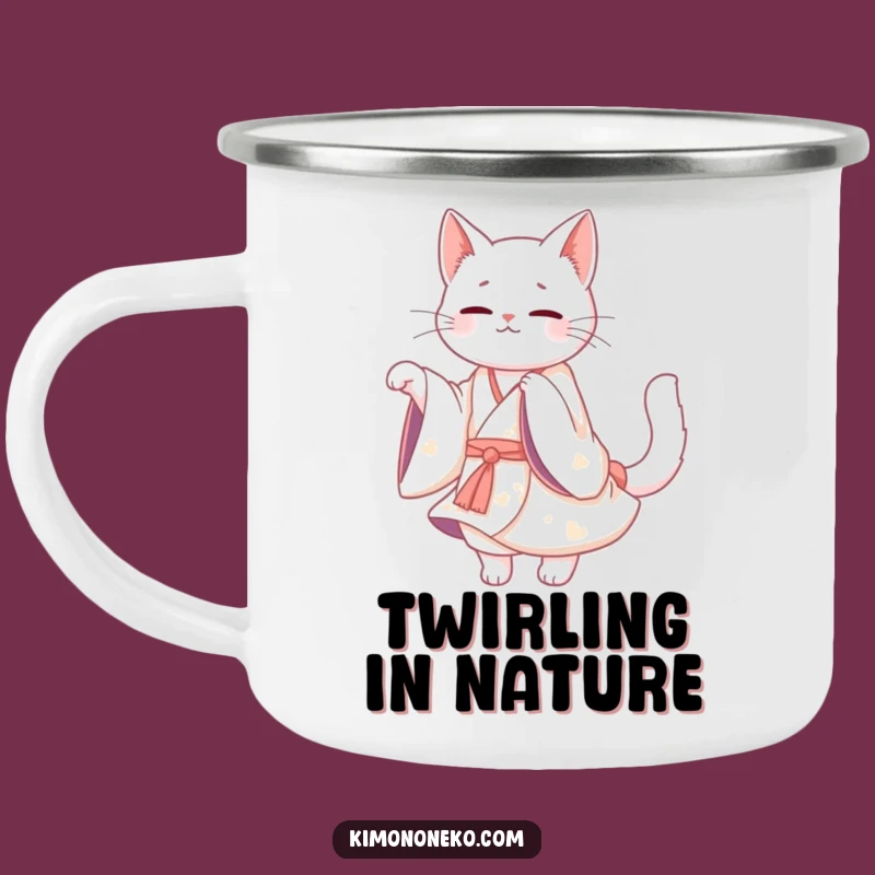 Funny White Cat Kimono Camping Mug: Graceful Twirl - Hilarious Outdoor Gift