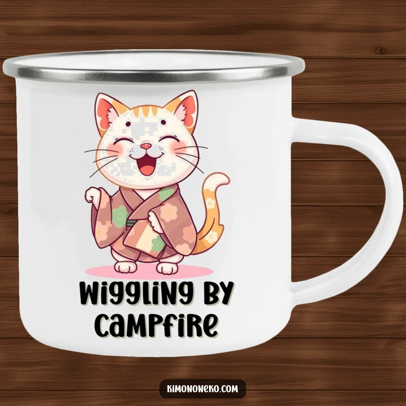 Funny happy cat in a colorful kimono wiggling its tail, on a durable camping mug.